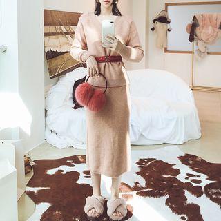 Set: Plain V-neck Sweater + Straight Cut Midi Knit Skirt