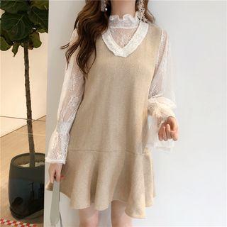 Mock-neck Long-sleeve Lace Top / V-neck Ruffle Hem Pinafore Dress