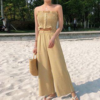 Set: Shirred Check Tube Top + Wide Leg Pants