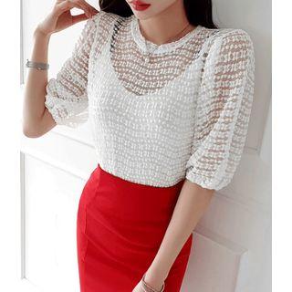 Balloon-sleeve Dotted See-through Top