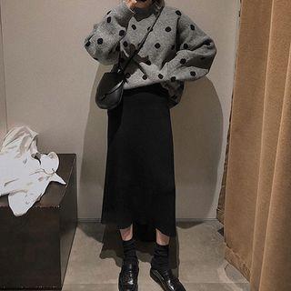 Set: Dotted Oversize Sweater + Midi Knit Straight-fit Skirt