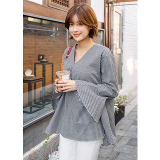 V-neck Ruffle-cuff Gingham Top