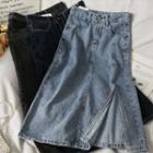 Stitched Side-slit Denim Midi Skirt