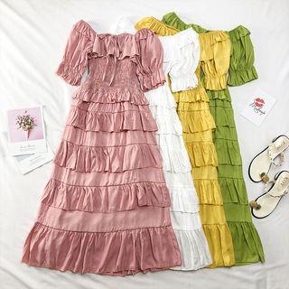 Layered Boatneck Ruffled-trim Smocked Dress