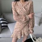 Floral Drawstring Puff-sleeve Dress As Shown In Figure - One Size
