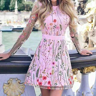 Long-sleeve Flower Embroidered Mesh Panel Mini A-line Dress