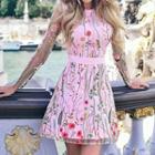 Long-sleeve Flower Embroidered Mesh Panel Mini A-line Dress