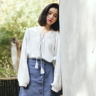 Long-sleeve V-neck Tassel Lace-up Blouse White - One Size
