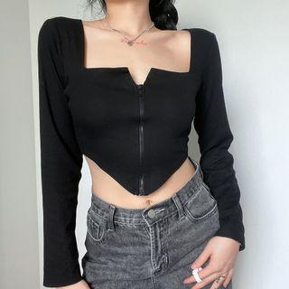 Long-sleeve Square-neck Zip-up Crop Top
