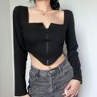 Long-sleeve Square-neck Zip-up Crop Top