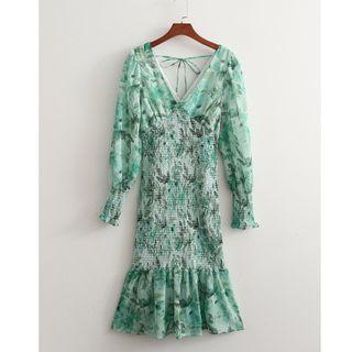 Puff-sleeve Flower Print Ruffle Hem Sheath Dress