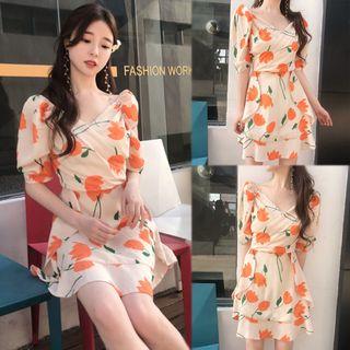Flower Print Elbow-sleeve A-line Dress Orange Floral - Beige - One Size