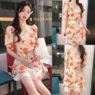 Flower Print Elbow-sleeve A-line Dress Orange Floral - Beige - One Size