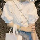 Short-sleeve Textured Faux Pearl Button Blouse