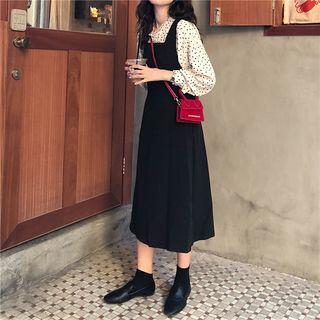 Cross Back Midi Pinafore Dress / Dotted Blouse
