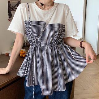 Short-sleeve Plaid Panel Peplum T-shirt
