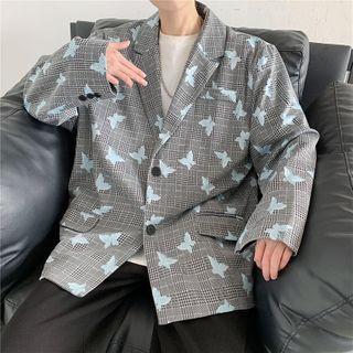Plaid Butterfly Print Single-breasted Blazer