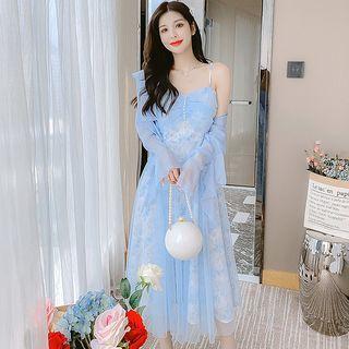 Spaghetti Strap Floral Print Mesh Dress / Ruffled Cardigan / Set