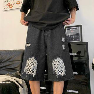 Checkered Panel Distressed Denim Shorts / Short-sleeve T-shirt / Set