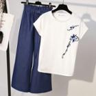 Set: Short-sleeve Embroidered T-shirt + Wide-leg Pants