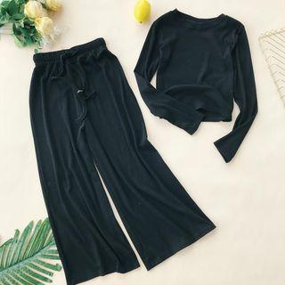 Set: Plain Long-sleeve T-shirt + Drawstring Wide Leg Pants