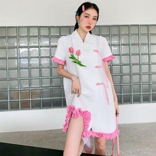 Flower Accent Ruffle Trim Mini Shift Dress