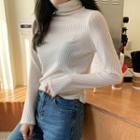 Turtle-neck Shirred-trim Ribbed Top