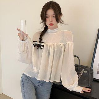 Puff-sleeve Mock-neck Blouse White - One Size