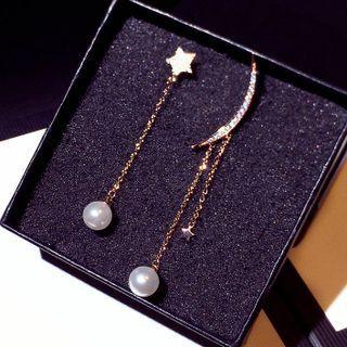 Moon & Star Faux Pearl Asymmetrical Fringed Earring 1 Pr - Gold - One Size