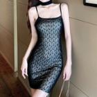 Spaghetti Strap Crescent Print Mesh Mini Bodycon Dress