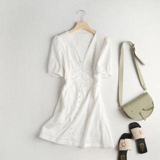 Short-sleeve Embroidered V-neck A-line Dress