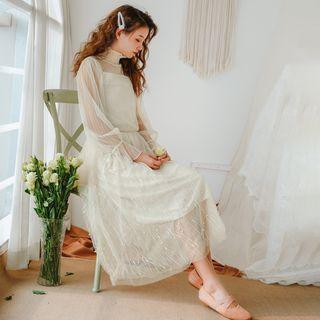 Mesh Long-sleeve Top / Camisole Top / Mesh A-line Skirt / Set
