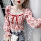 Bell-sleeve Plaid Lace Trim Top