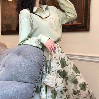 Plain Long-sleeve Loose-fit Shirt / Floral Skirt