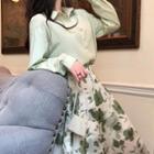 Plain Long-sleeve Loose-fit Shirt / Floral Skirt