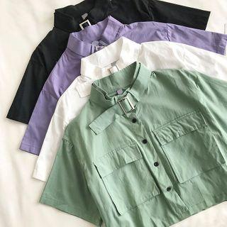 Plain Single-breasted Cargo Short-sleeve Blouse