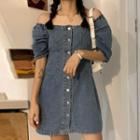 Short-sleeve Square-neck Buttoned A-line Mini Dress