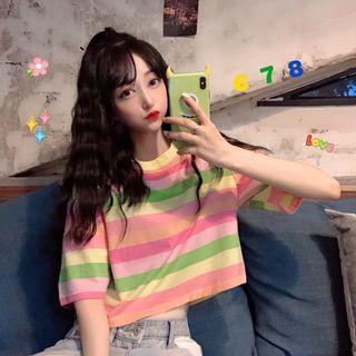 Striped Short-sleeve Cropped T-shirt Stripes - Pink & Green - One Size