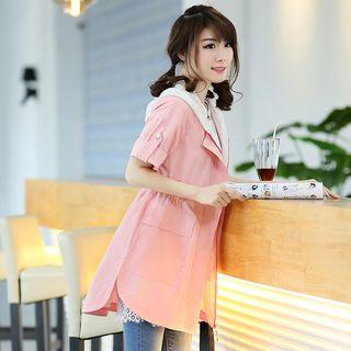 Lace Trim Short-sleeve Hooded Long Jacket