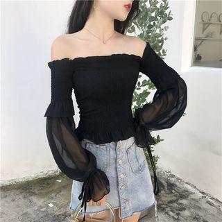 Mesh Panel Off Shoulder Long Sleeve Blouse