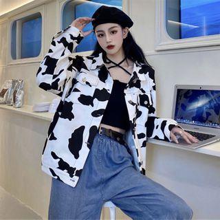 Front Pocket Cow-print Denim Button Jacket