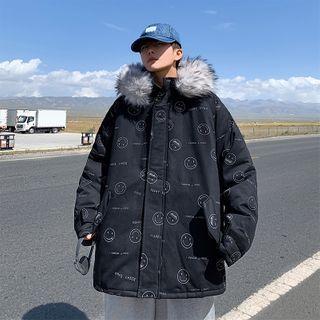 Faux Fur Trim Hooded Zip Cartoon Print Jacket