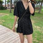 V-neck Dotted Short-sleeve Playsuit Black - One Size