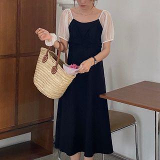 Puff-sleeve Shirred Loose Fit Chiffon Dress