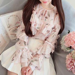 Ruffle Trim Floral Print Long-sleeve Blouse
