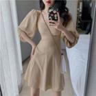U-neck Balloon-sleeve Chiffon Mini Dress