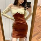 Off-shoulder Two-tone Mini Sheath Dress