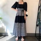 Short-sleeve Square-neck Gingham Panel Midi A-line Dress