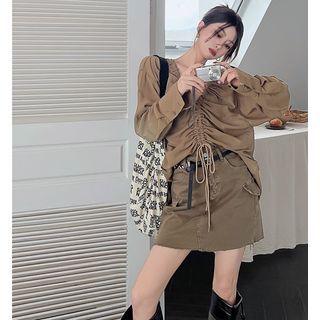 V-neck Drawstring Blouse / Mini Pencil Skirt