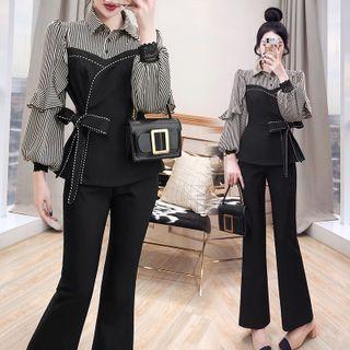 Set: Pinstriped Panel Blouse + Wide Leg Pants